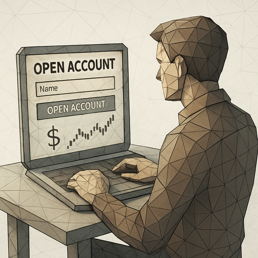 An illustrated figure exploring the process of opening a trading account on a financial platform.