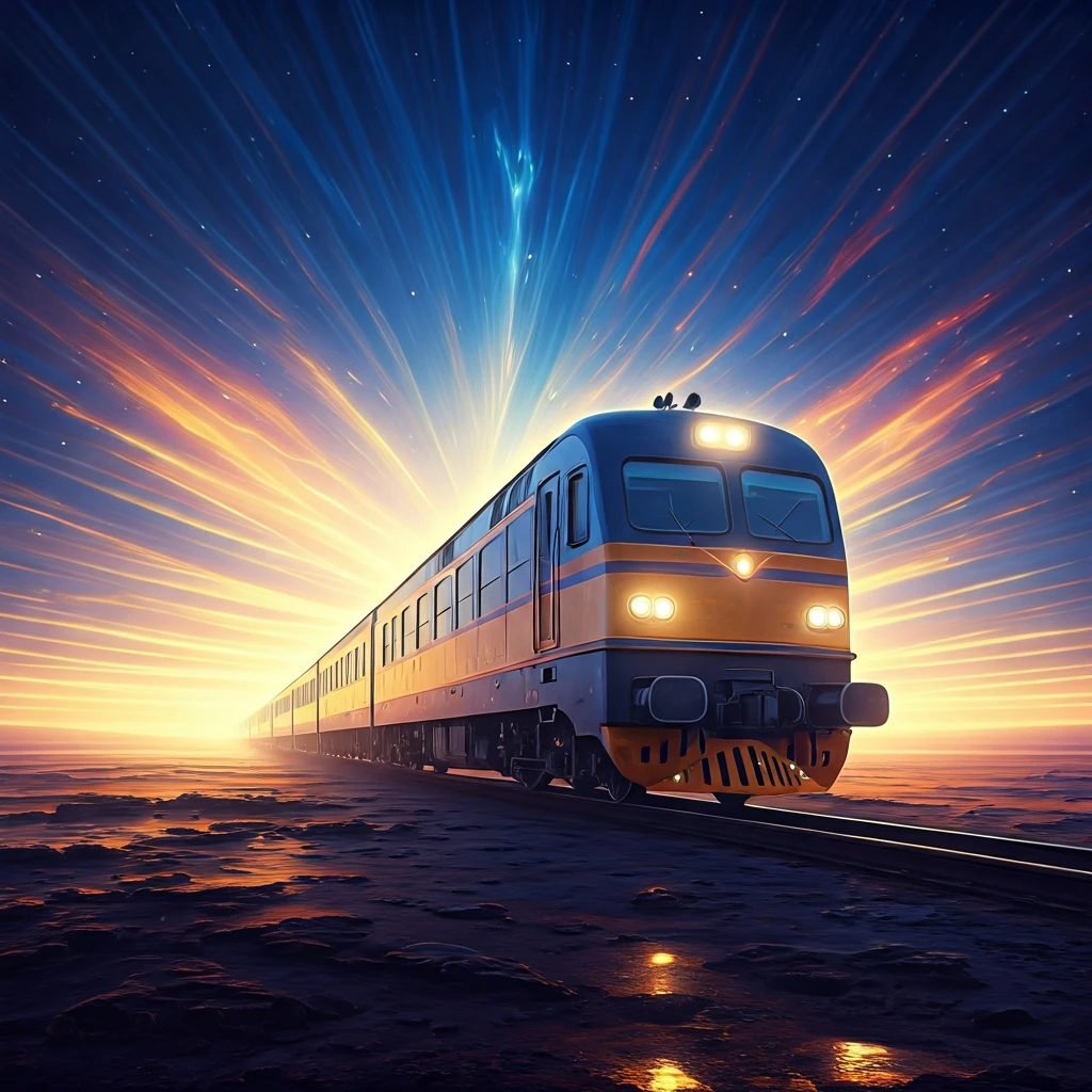 A futuristic train traversing a luminous, ethereal landscape towards a prosperous economic future.