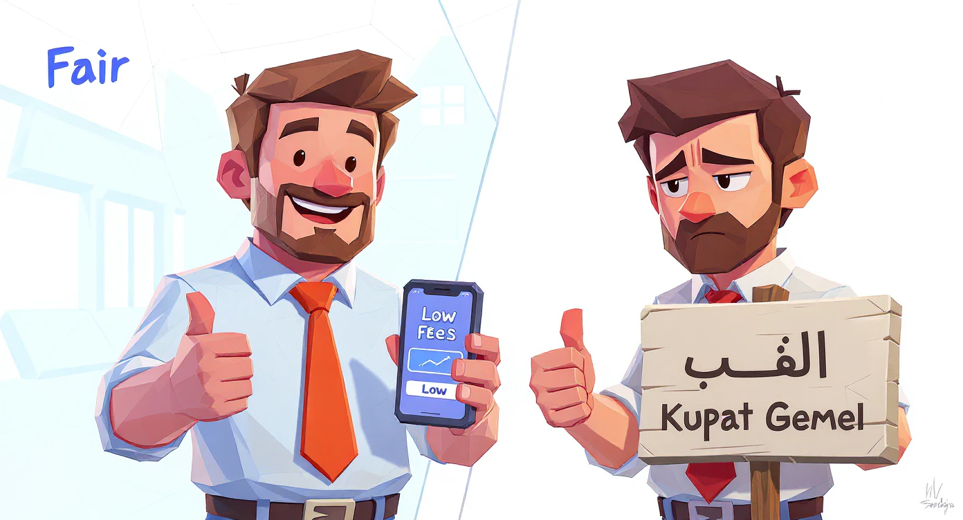 An illustrated guide highlighting the key differences between trading accounts at Fair and other brokers, including their user-friendly platform, low fees, and low minimum account requirements.
