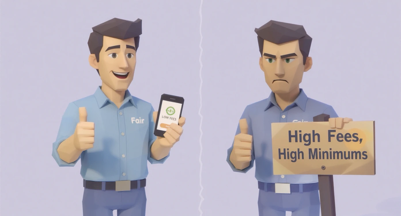 An illustrated guide highlighting the key differences between trading accounts at Fair and other brokers, including their user-friendly platform, low fees, and low minimum account requirements.