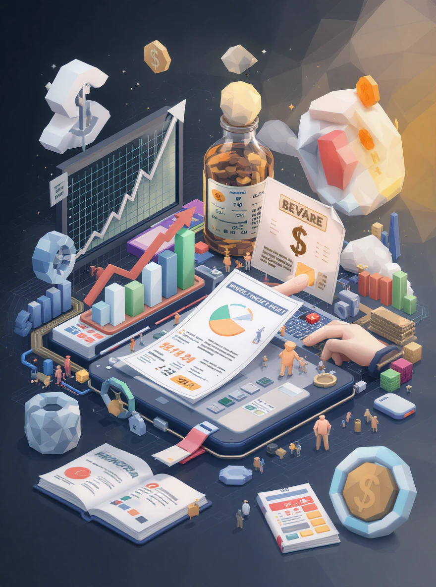 A low-poly illustration of various financial concepts, including investment funds, management fees, and diversification strategies.