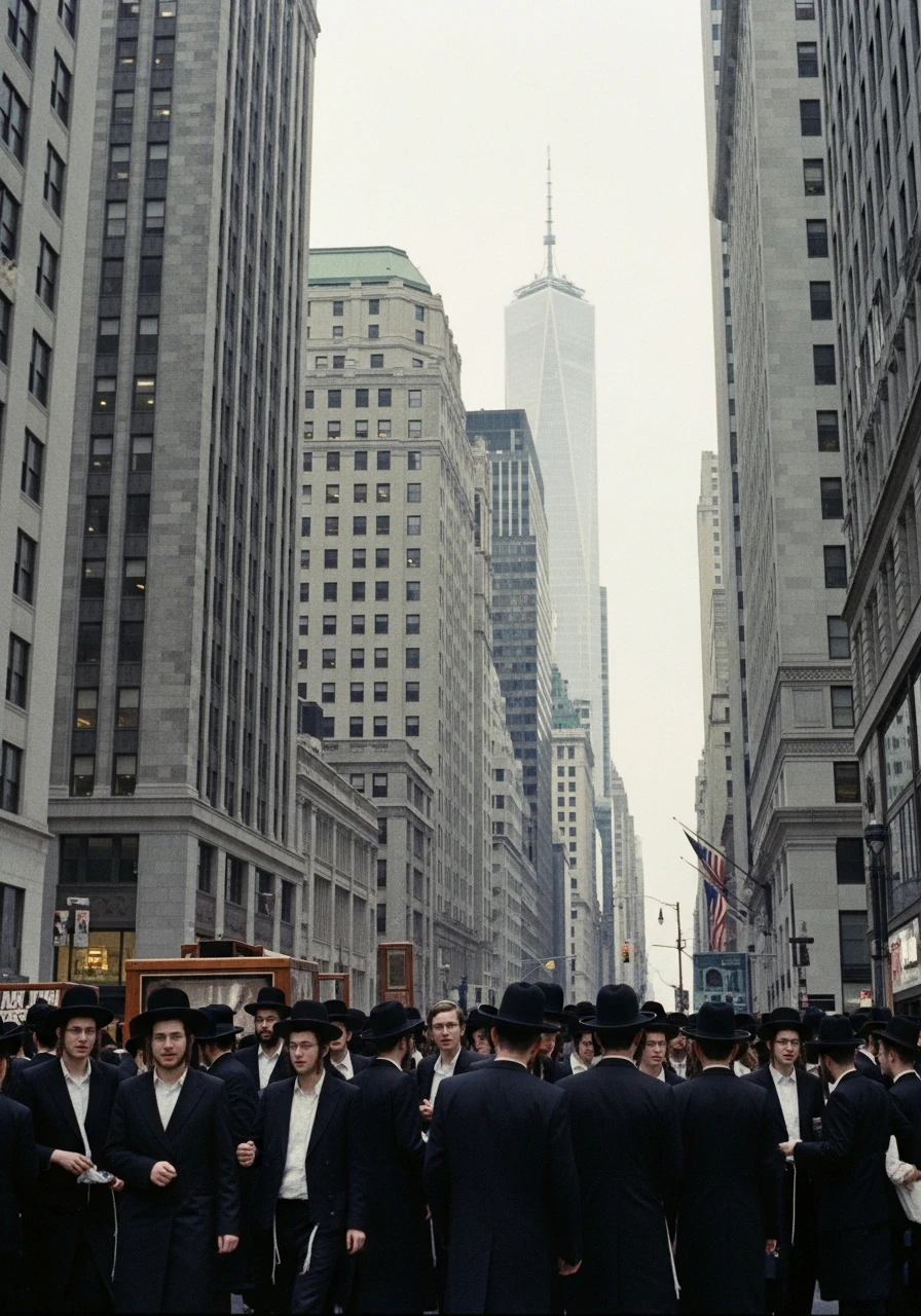 A group of Orthodox Jewish men standing near the iconic Wall Street buildings, captured in a detailed, illustrative style.
