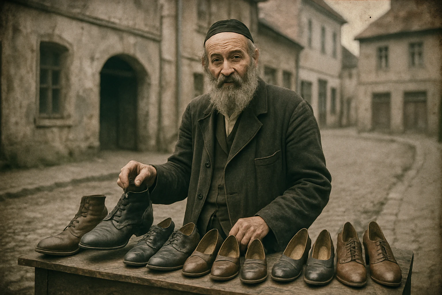 An illustrated Jewish merchant selling shoes in a , old-world town.