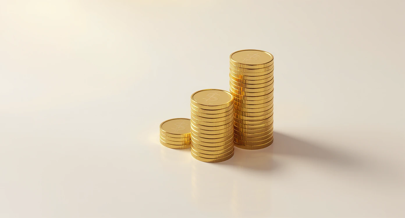 a stack of gold coins, financial investment, isometric, clean background, soft lighting