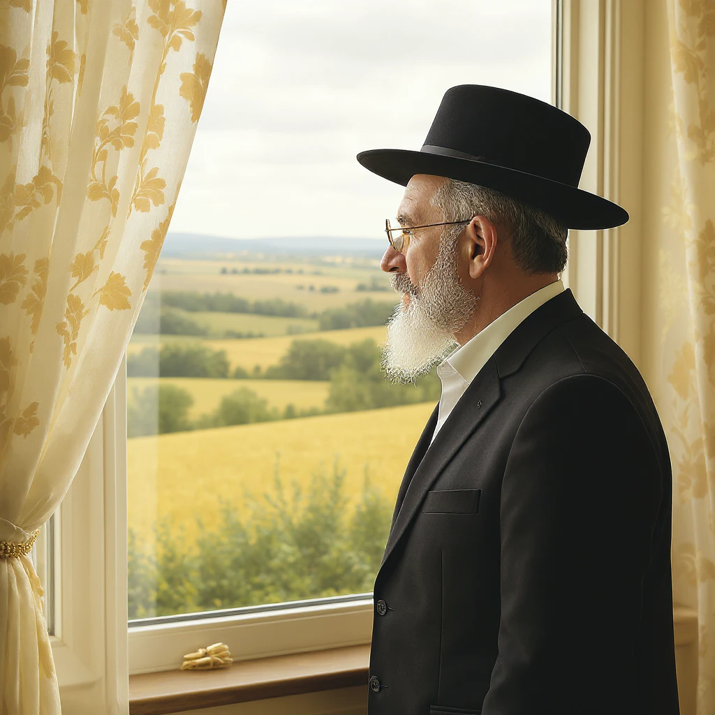 An elderly Orthodox Jewish man gazing out at a serene, pastoral landscape.