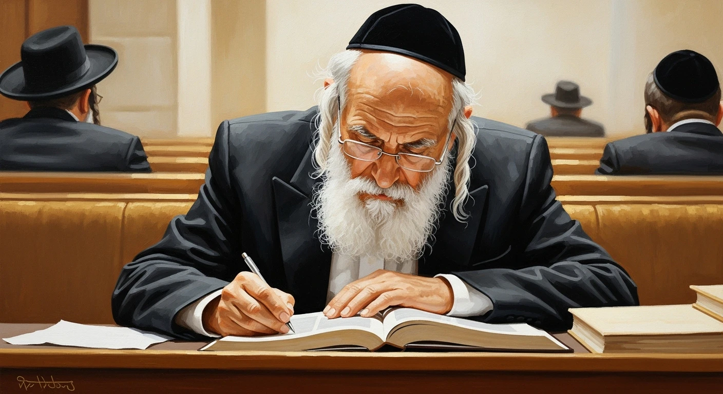 An illustrated portrait of an elderly Orthodox Jewish man deeply engrossed in studying at a yeshiva.