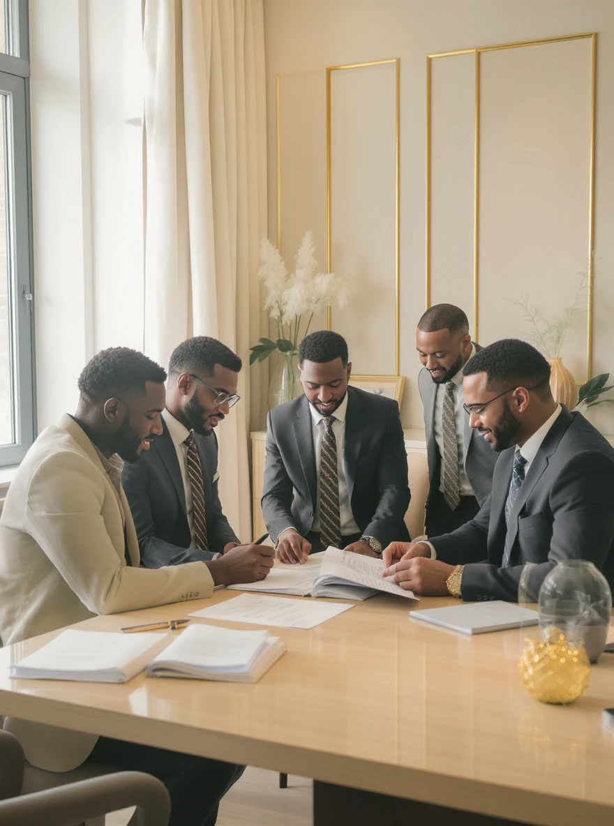 A diverse group of male professionals examining pension documents in a modern, well-appointed office setting.