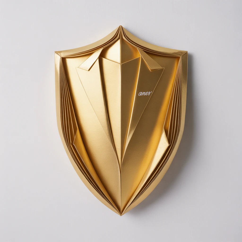 A gold shield that looks like it's wearing a suit
