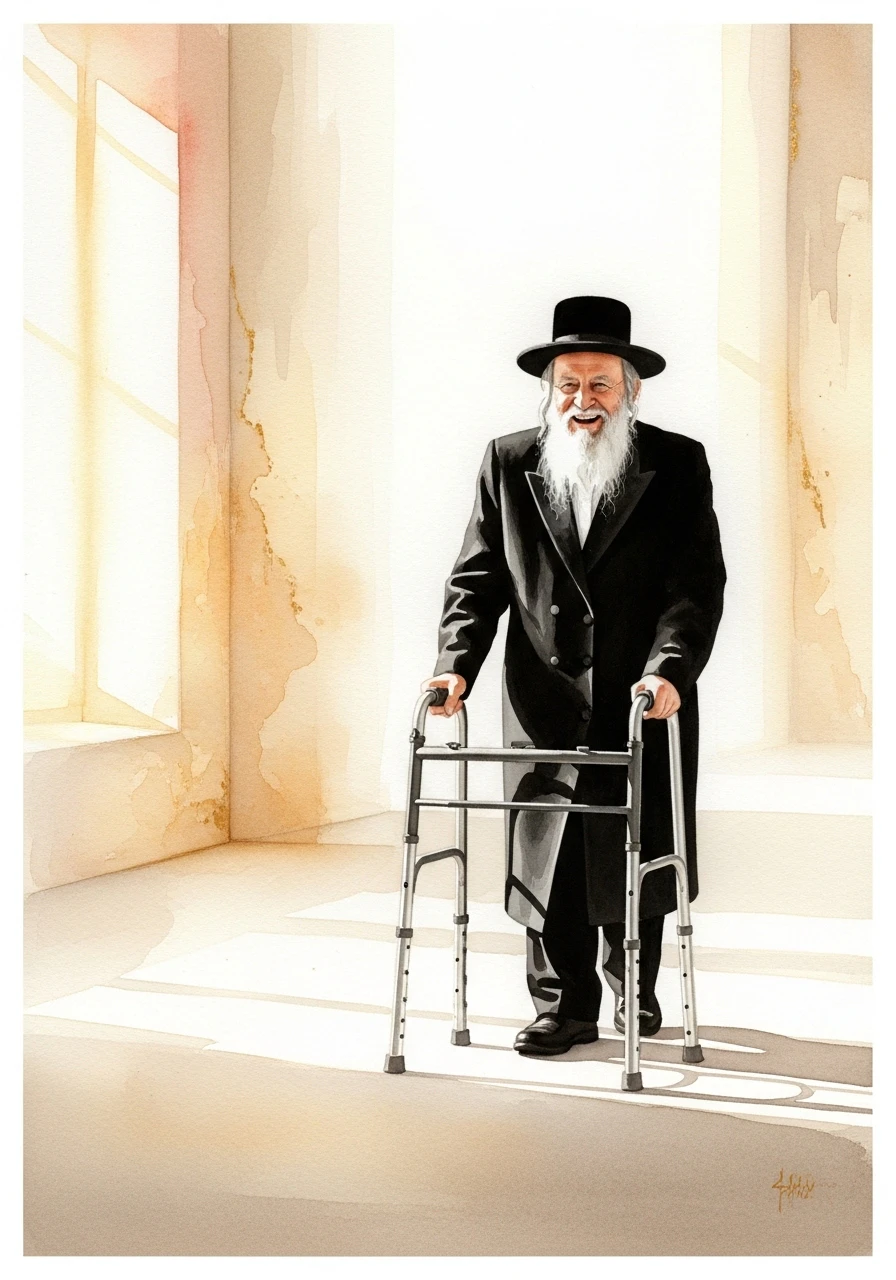 An illustrated, elderly Orthodox Jewish man with a broad smile, using a walker and walking in a serene, minimalist setting.
