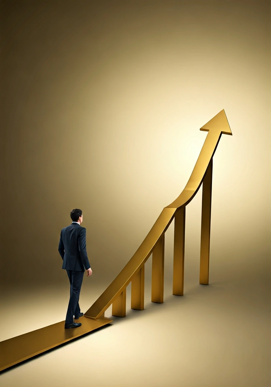 person confidently walking on a path made of rising stock charts, symbolizing good investment returns and stability, bright and optimistic