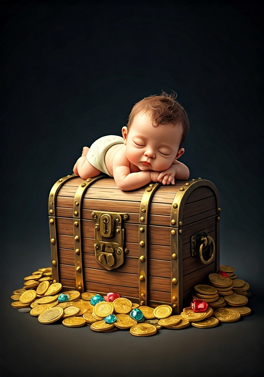 An illustrated baby resting on a treasure chest filled with coins and jewels.