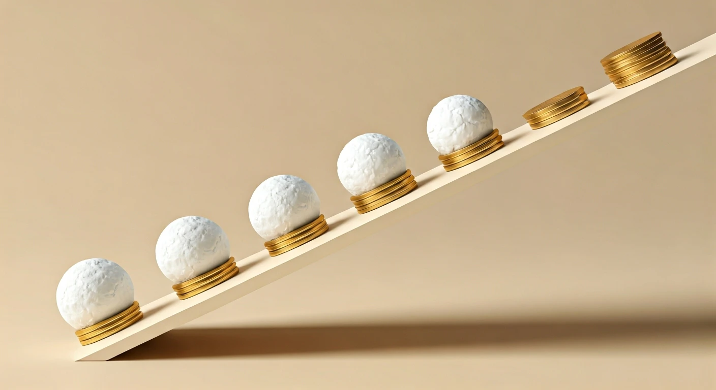 Snowball effect visualization with coins growing larger as they roll downhill, compound interest concept, bright educational illustration