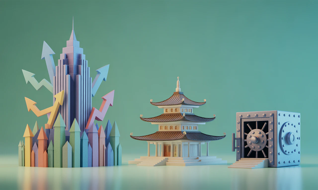 Detailed illustrated paper sculptures depicting three savings containers of varying sizes - a high-risk equity fund, a medium-risk balanced fund, and a low-risk bank account or conservative fund.