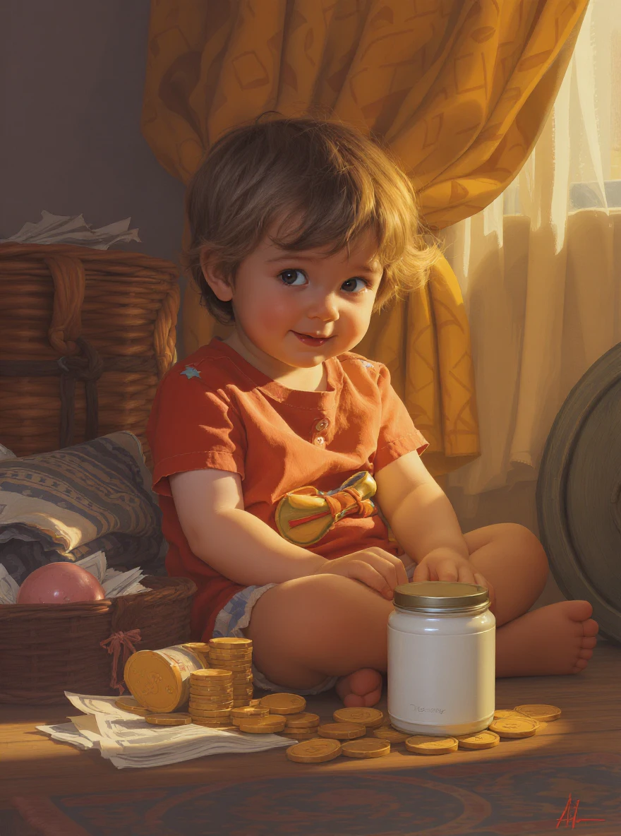 A young child sitting next to a savings piggy bank, surrounded by a warm, inviting environment.