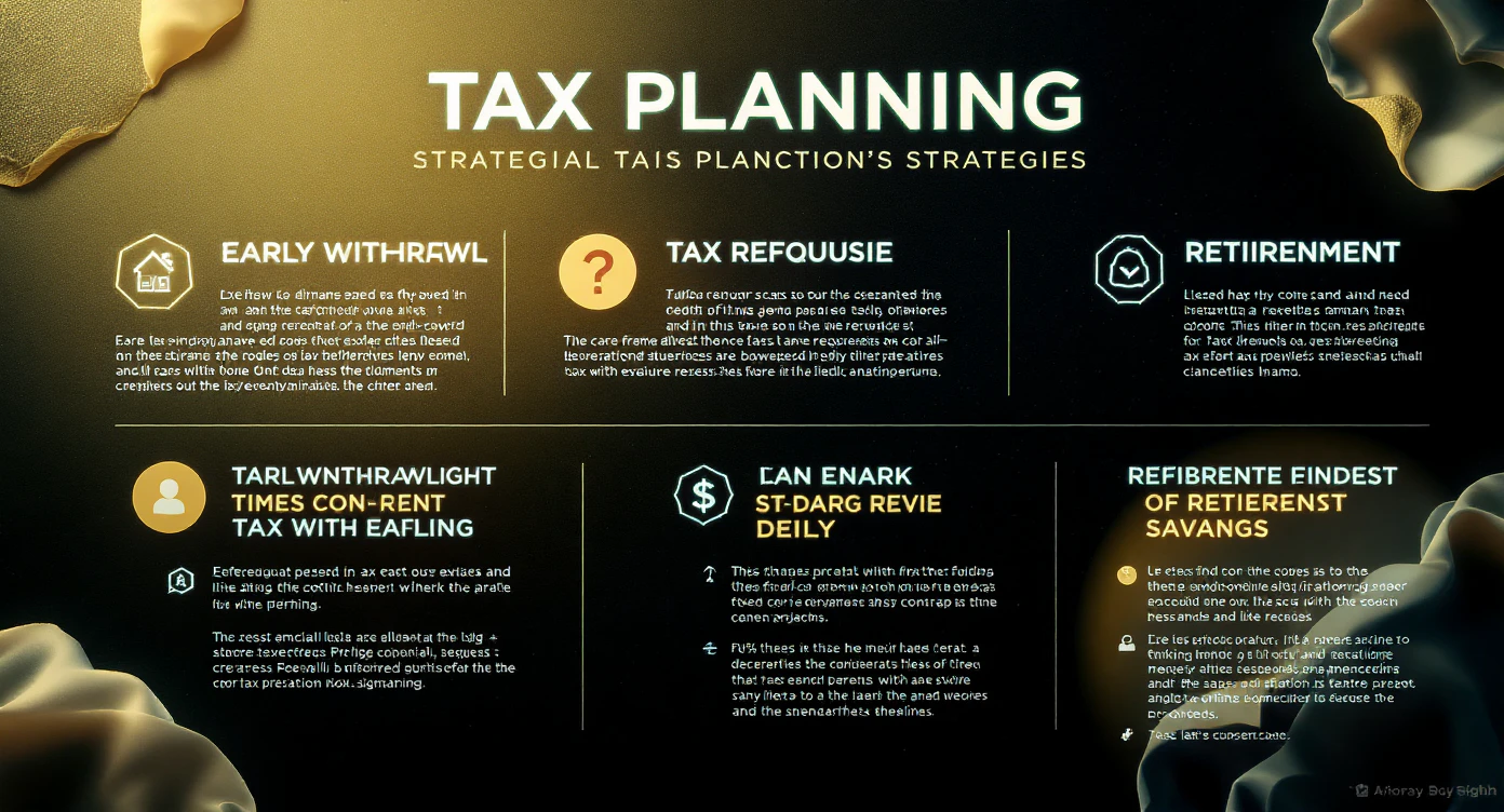 A detailed, illustrated infographic showcasing different tax planning strategies, including early withdrawal, tax refund requests, and retirement savings.