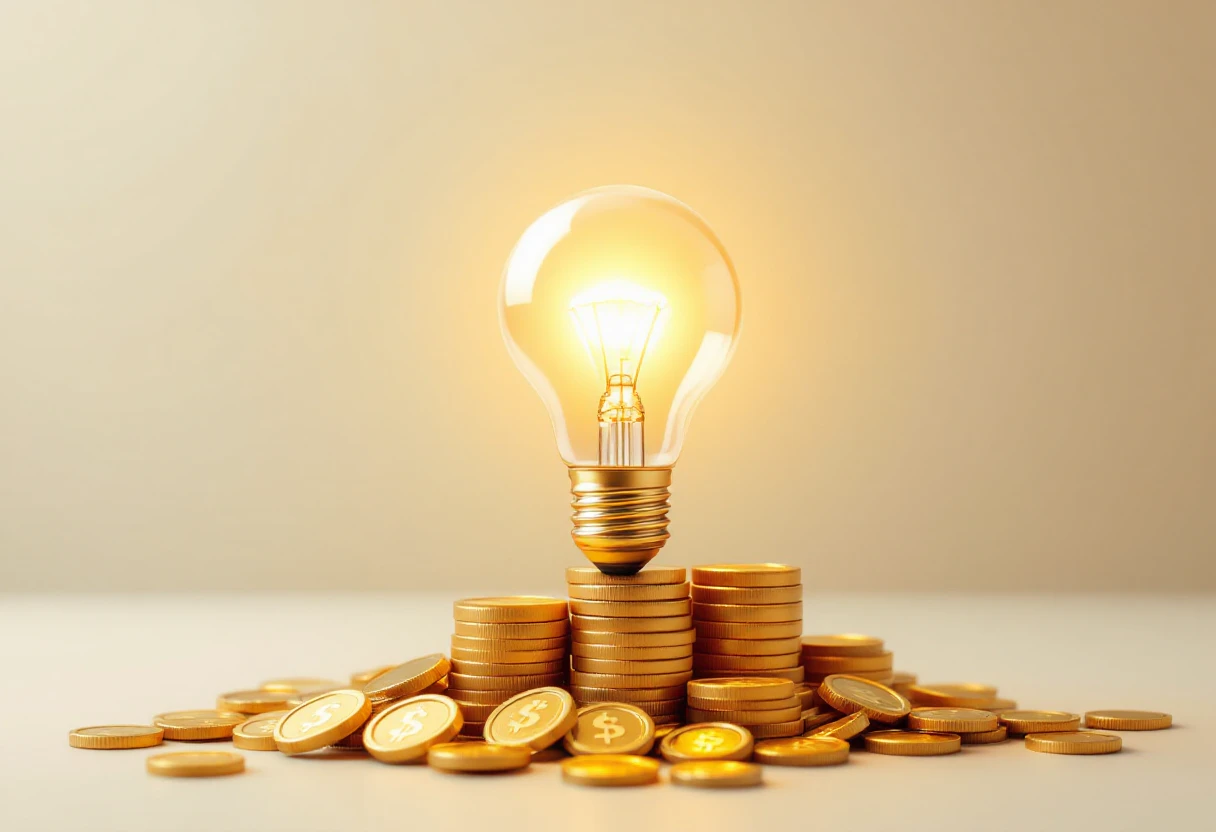 a lightbulb illuminating a pile of gold coins, financial planning, bright, optimistic, clean, digital art