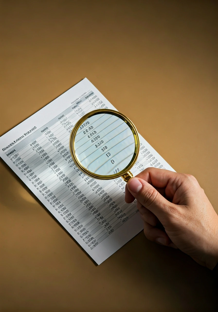 hand holding a magnifying glass over a financial statement, highlighting management fees, detailed, clear