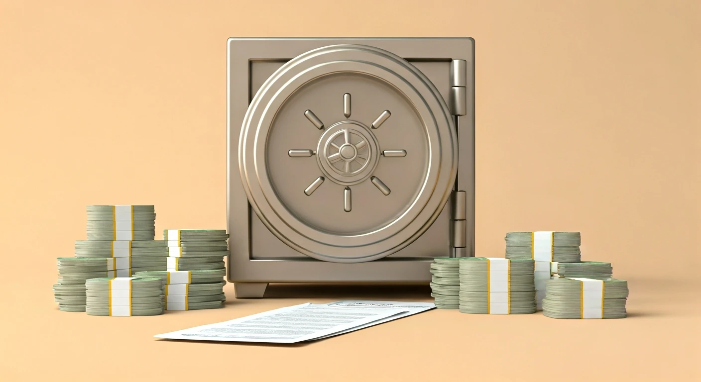bank vault with stacks of money and financial documents, secure, professional