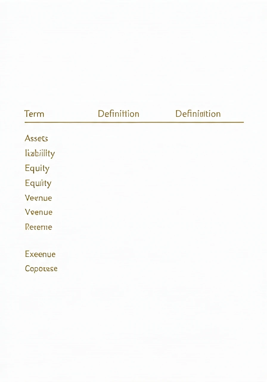 summary table with financial terms and definitions, clean, organized