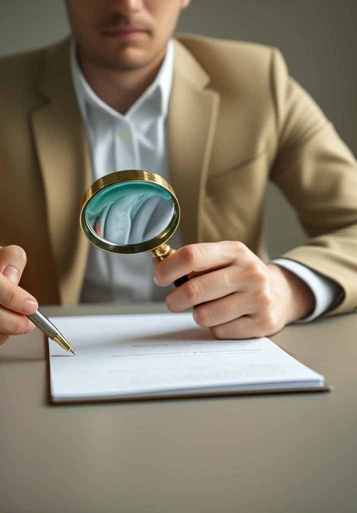 person carefully examining a financial document with a magnifying glass, focused, detailed