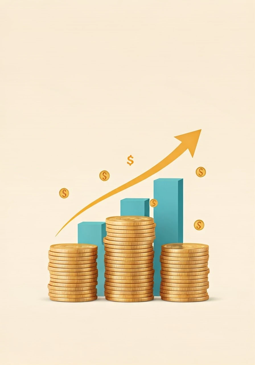 illustration of compound interest growth, money multiplying with a graph and coins stacking, bright colors, educational and clean design