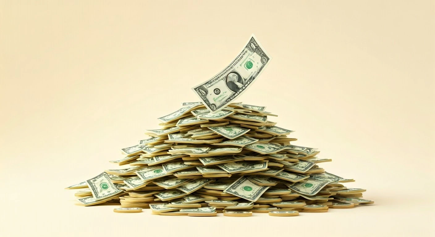 illustration of a single dollar bill growing into a huge pile of money over time, bright, clean financial growth concept