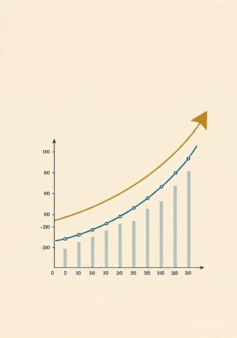 a clear educational graph illustrating compound interest growth over time, two contrasting lines showing growth at 10% and 6% interest rates, Hebrew text labels, modern style, bright colors