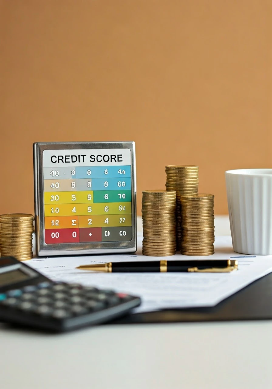 credit score rating scale with financial documents and calculator, professional lighting, clean modern style