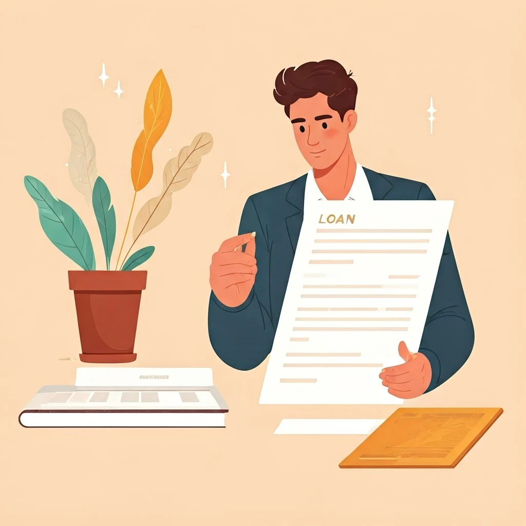 An illustrated person reviewing loan and mortgage documents with a high credit rating.