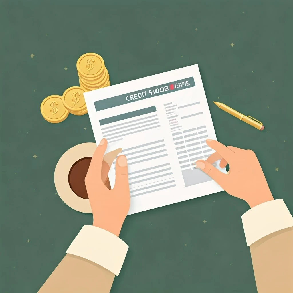 A detailed illustration of a person reviewing their credit report or credit score, with relevant financial documents and paperwork on a desk or table.