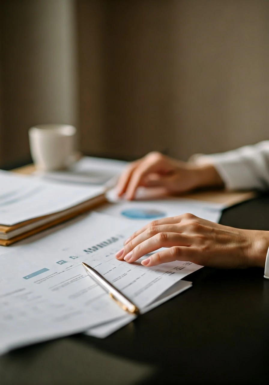 a person sitting at a desk, working on a laptop, financial documents in the background, soft lighting