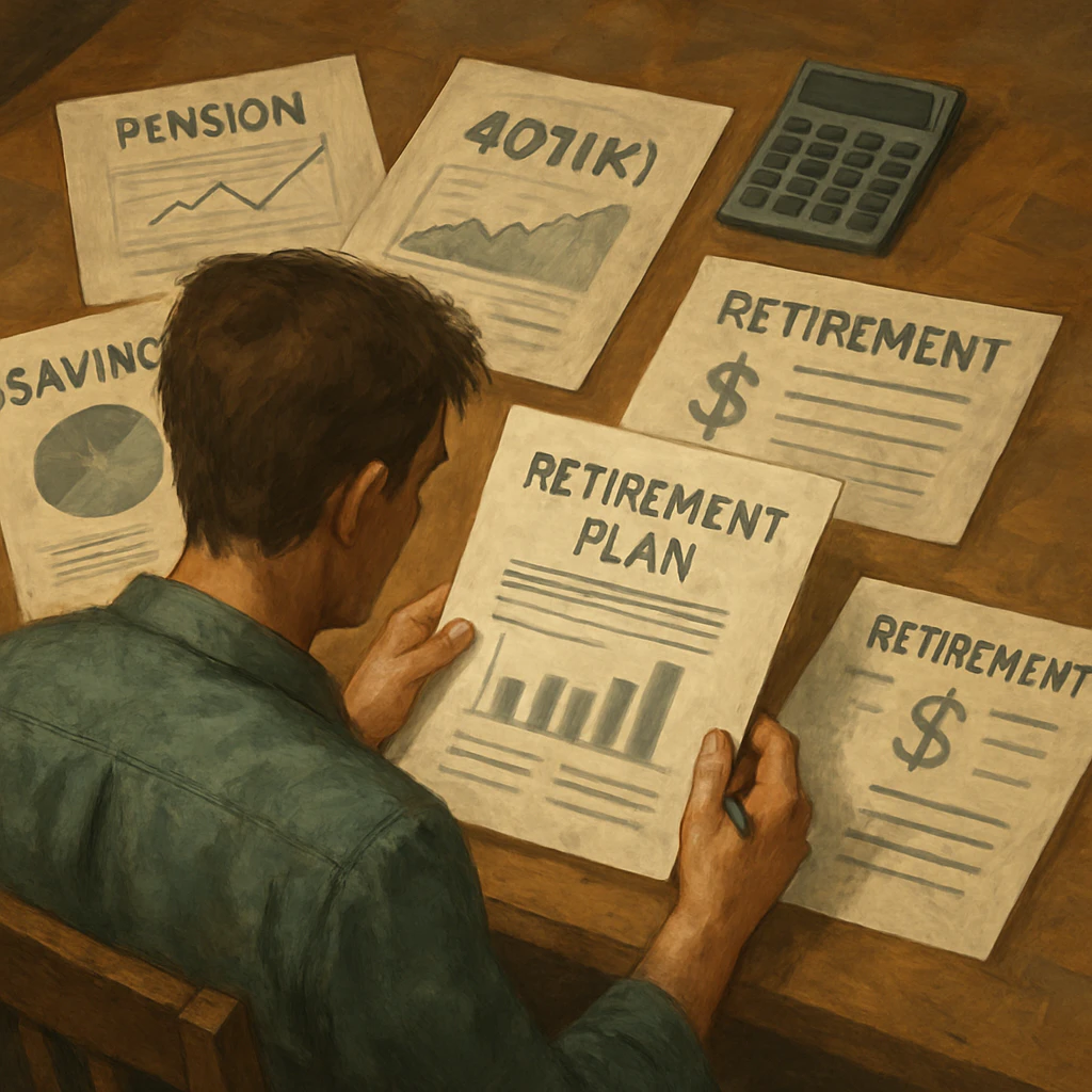 An illustrated figure examining financial documents and retirement planning materials.