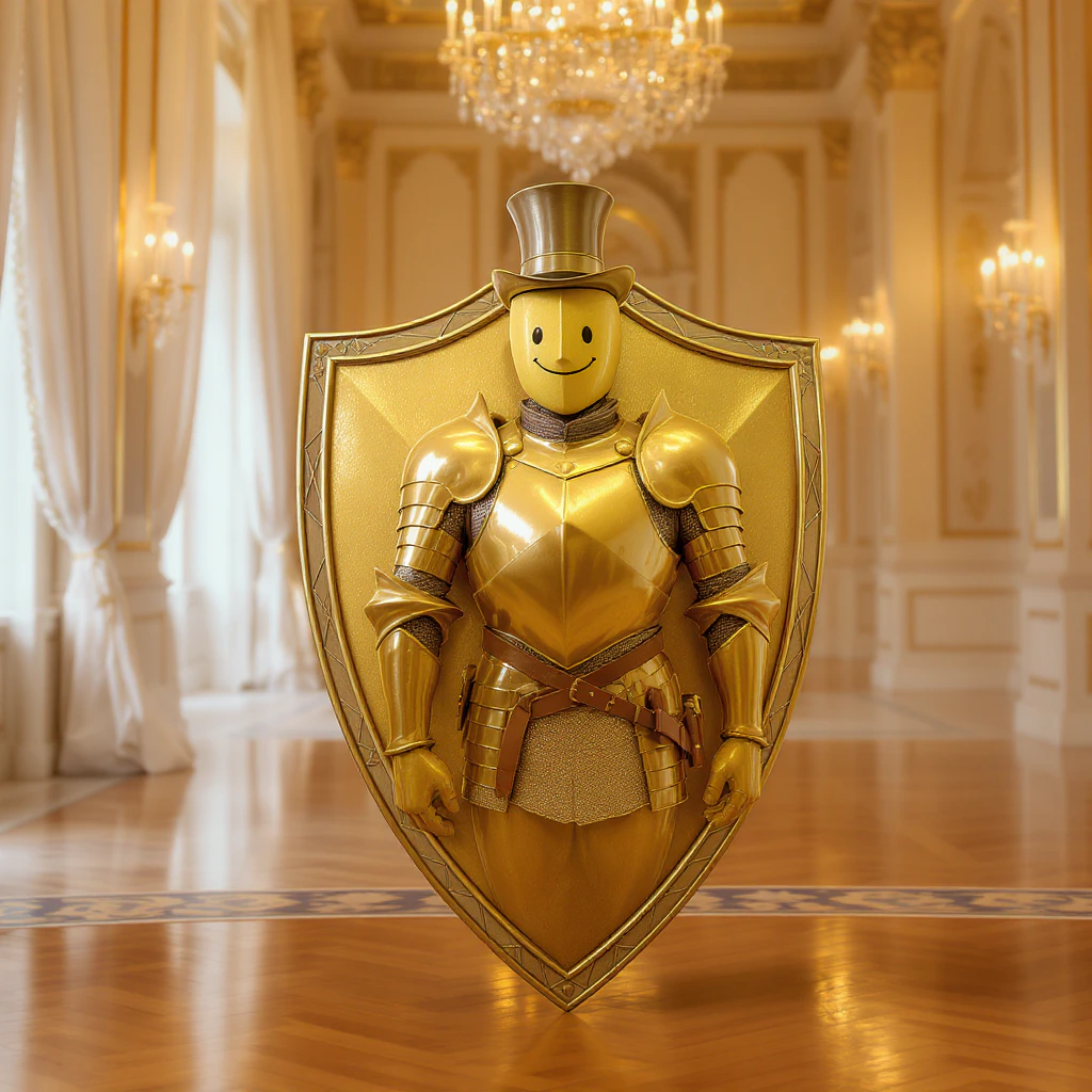 A gold shield that looks like it's wearing a suit