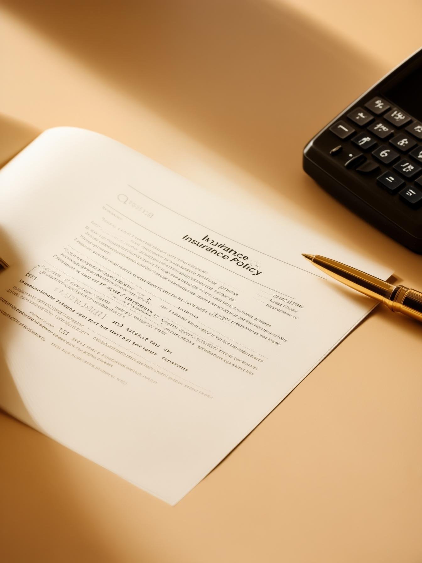 managers insurance policy document with calculator and pen, professional financial planning, soft office lighting