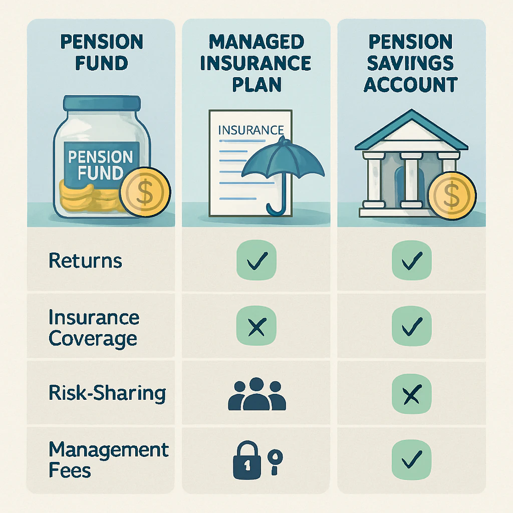 A detailed, illustrated comparison of different retirement savings options, including pension funds, managed insurance, and pension savings accounts, highlighting their key features such as returns, insurance coverage, risk-sharing, and management fees.