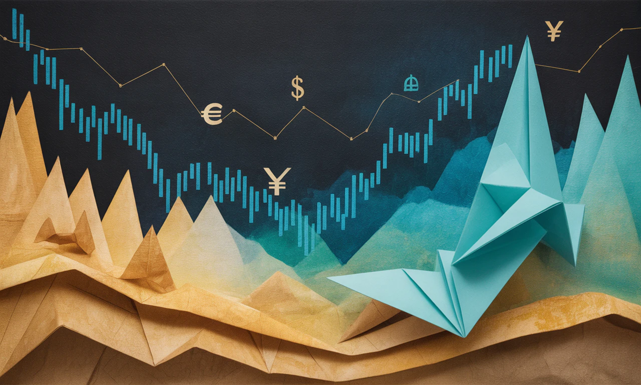 financial chart showing stock market index performance with currency exchange symbols, modern clean illustration
