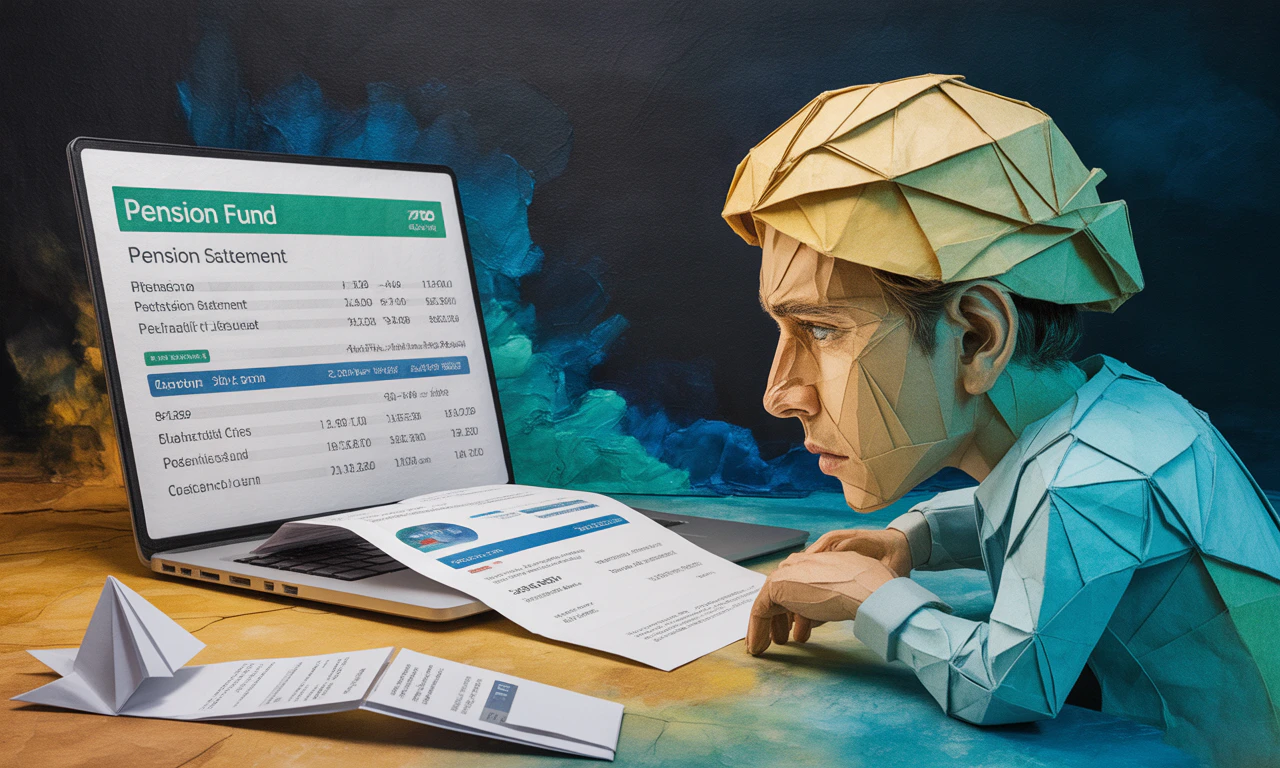 confused person looking at pension fund statement on laptop screen, financial documents