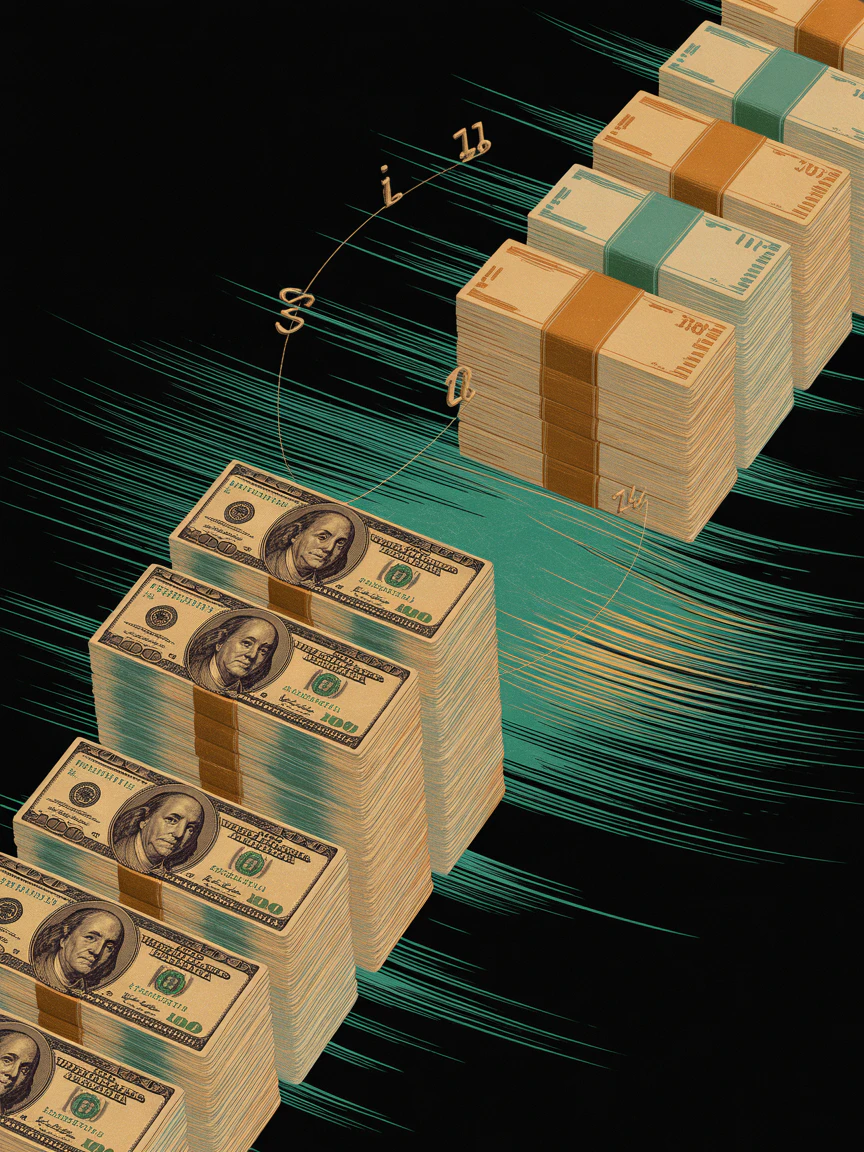 An illustrated financial concept depicting the relationship between the S&P 500 index measured in dollars and the performance of a pension fund reported in shekels, with currency exchange rate fluctuations impacting the final returns.