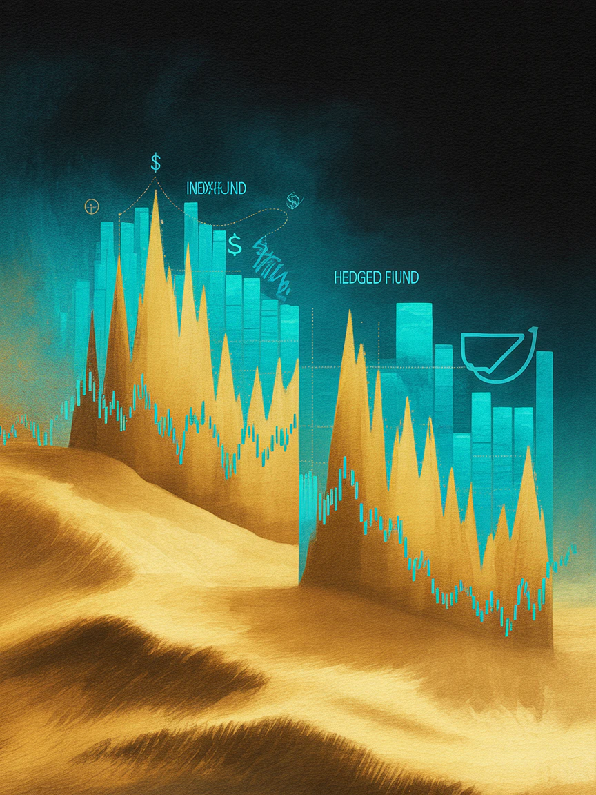 A visual comparison between a regular index fund and a hedged index fund, with a clear depiction of hedging costs impacting the hedged fund's returns. Show two financial charts, one slightly higher than the other due to hedging fees. Include currency symbols like dollar and shekel, and a subtle icon representing cost or deduction.