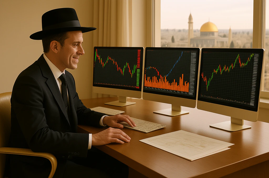 Professional investor looking at financial charts on multiple screens, modern office setting, soft natural lighting, Jerusalem cityscape visible through window