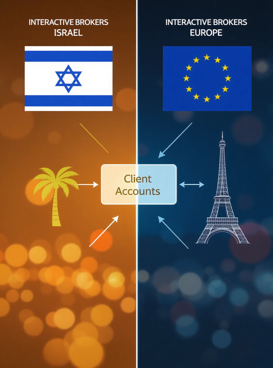 An illustrated diagram highlighting the key differences between Interactive Brokers Israel and the European-regulated Interactive Brokers Central Europe (IBCE) that manages client accounts and assets.