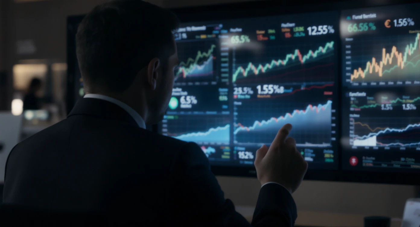 An illustrated figure in a black suit examining financial metrics and charts.