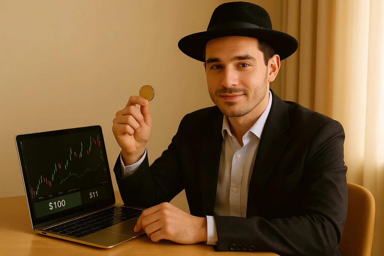 Novice investor making first small investment on trading platform, confident expression, warm natural lighting