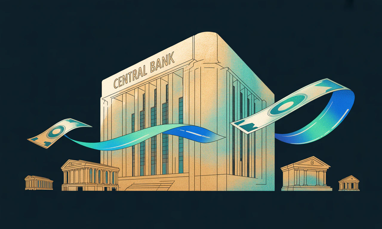 central bank building with money flow arrows connecting to commercial banks