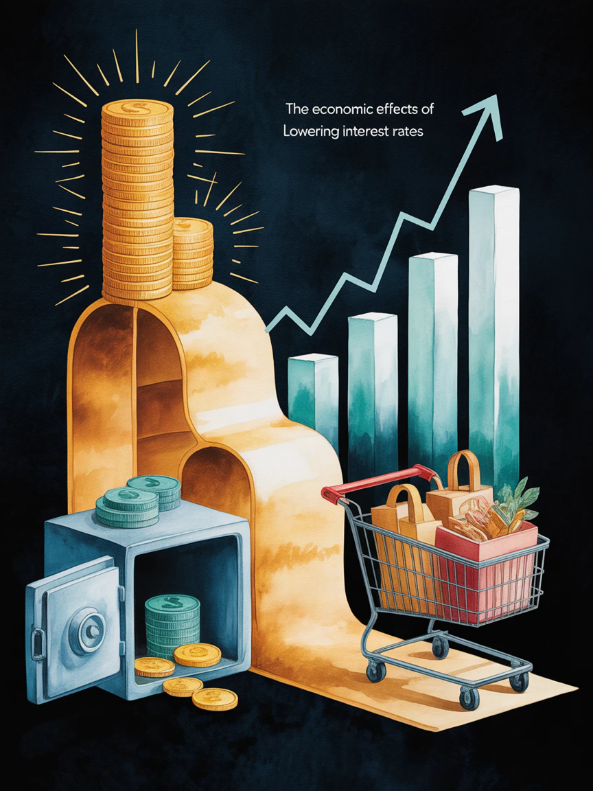 An illustrated diagram depicting the economic effects of lowering interest rates, including cheaper loans, less lucrative deposits, and increased consumer demand, leading to the potential rise or stabilization of inflation.