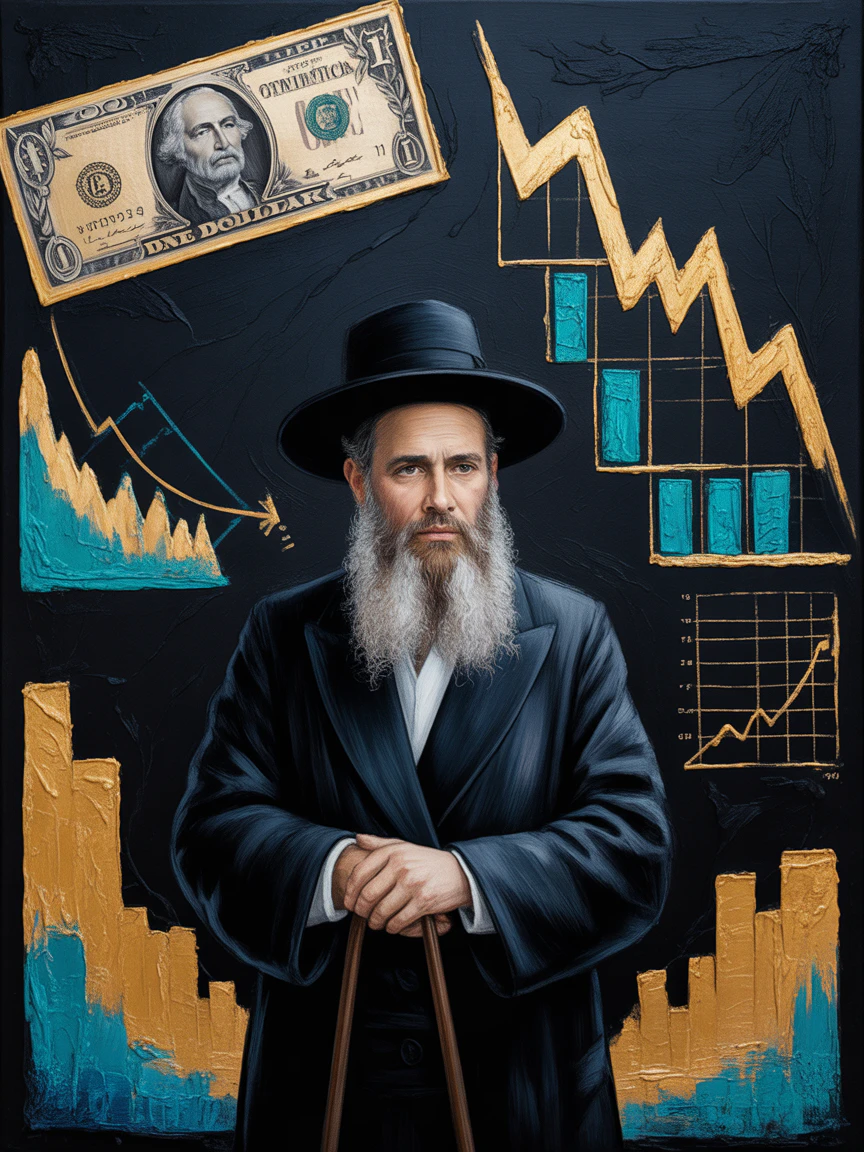 Detailed illustration of an Orthodox Jewish man surrounded by symbols of inflation, interest rates, and economic indicators, set against a textured, cinematic backdrop in golden sand tones and turquoise blue.
