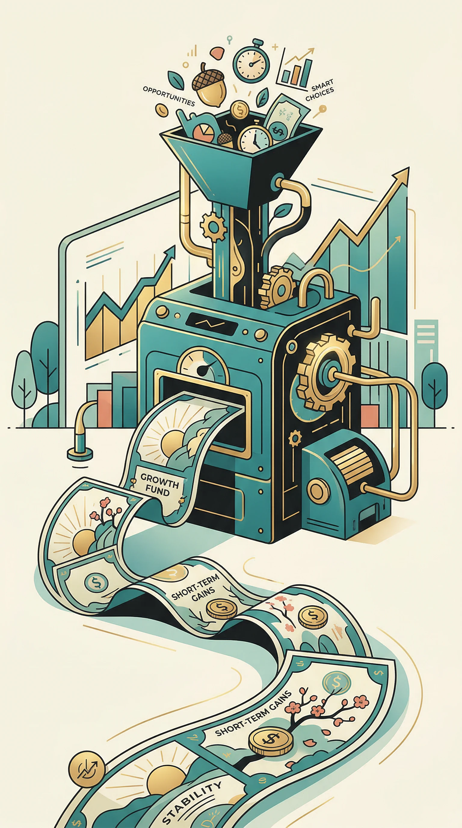 A whimsical money-printing machine generating currency, illustrated with clever humor and wit, designed for a financial education presentation on short-term investment funds.