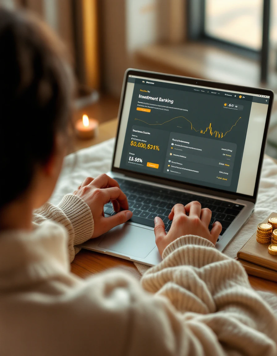 person using online banking interface with investment options, step-by-step guide, bright and clear digital style
