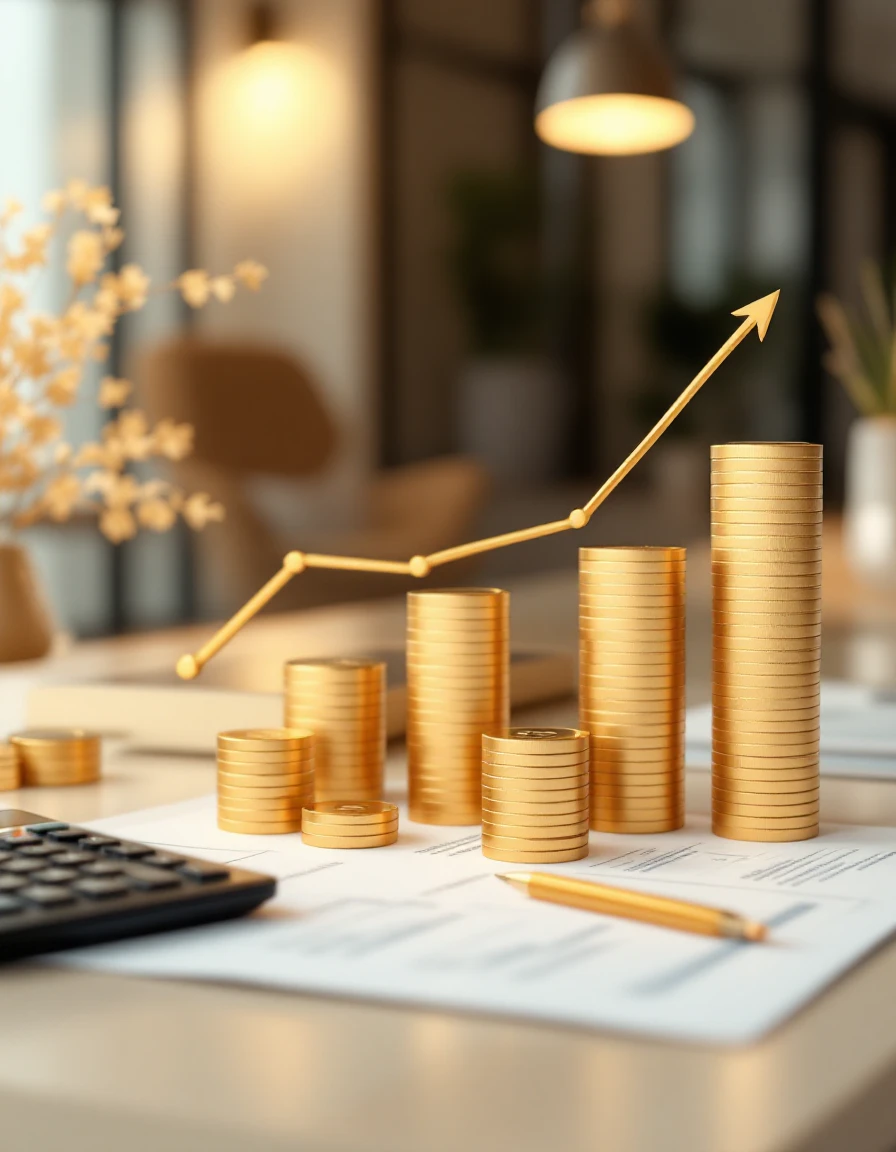 Financial growth chart with shekel symbols, calculator and investment documents, professional lighting, clean modern office setting