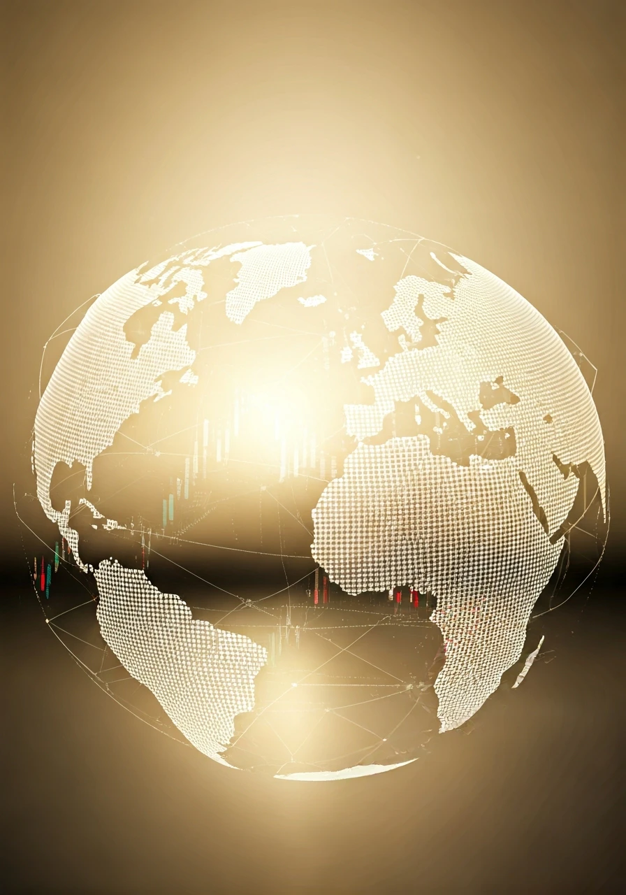 abstract representation of global stock markets, with lines connecting different countries, financial data flowing, and a sense of interconnectedness, soft lighting
